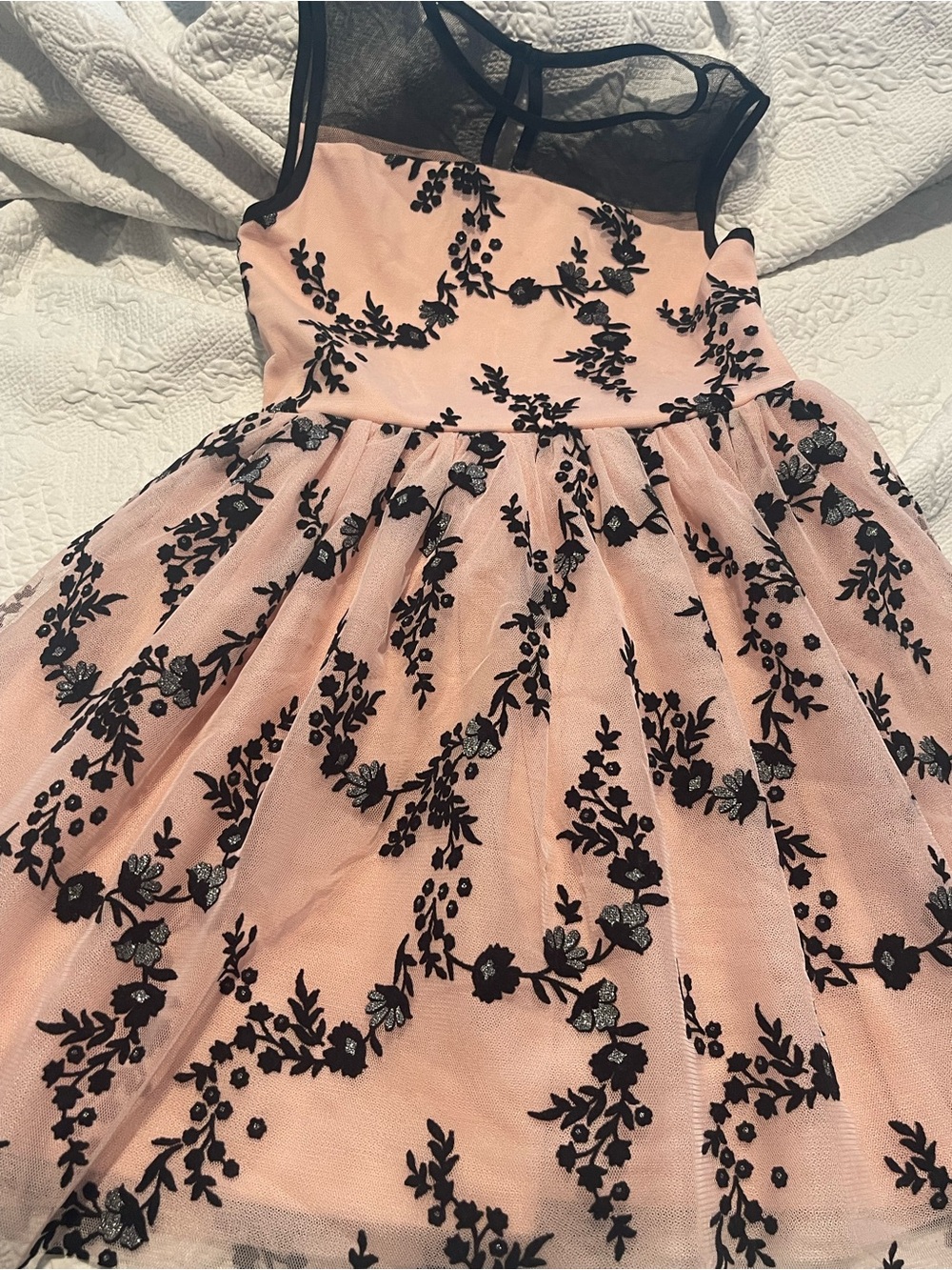 Girls Pink Floral Mesh Party Dress with Black Sparkle Flocked 6X/7 Sleeveless